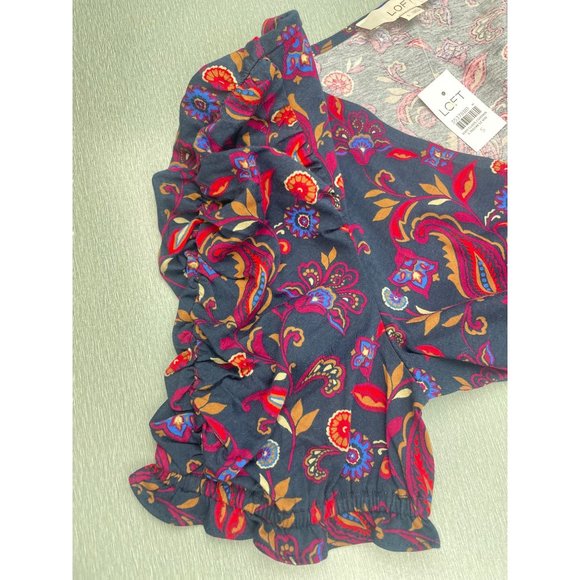 LOFT Women Paisley Ruffle Cinched Sleeve V-Neck Top Small - Picture 10 of 16